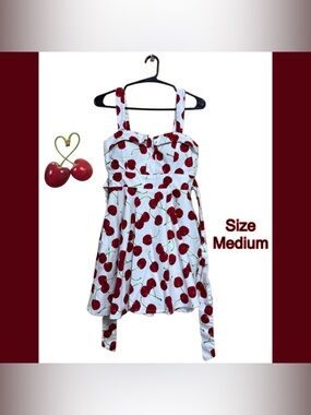 Cherry Print Sundress 🍒 Retro Pinup Fit Flare Tie Back Medium Summer Dress